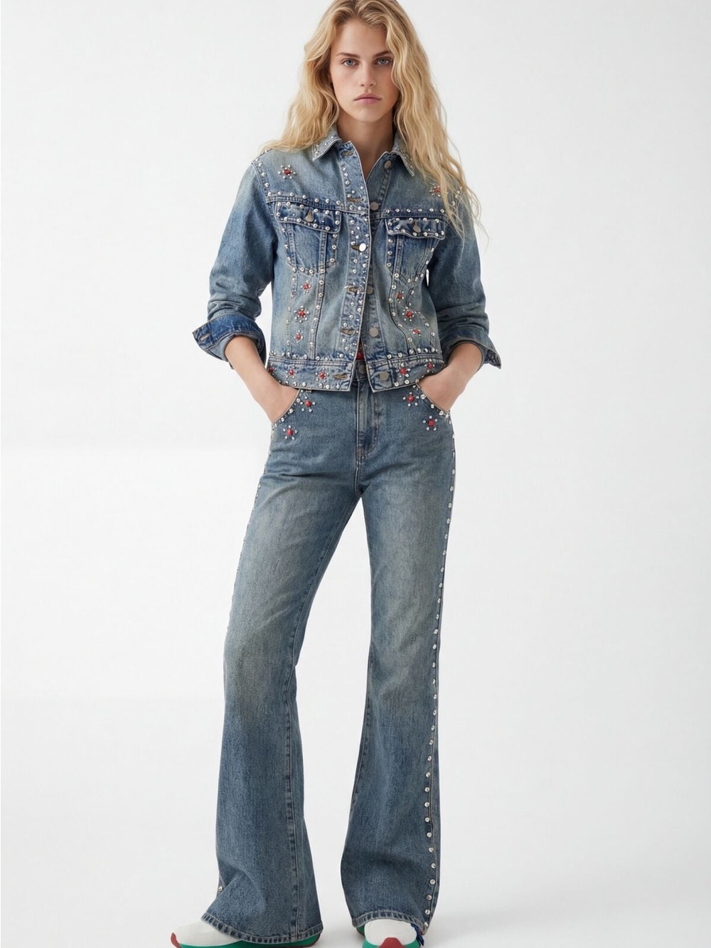 NWT Desigual x Johnson Hartig Studded Flare Jeans Silver Red Studs High Rise